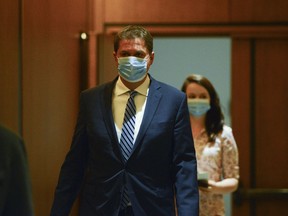 Conservative Leader Andrew Scheer arrives to hold a press conference on Parliament Hill amid the COVID-19 pandemic in Ottawa on Friday, May 22, 2020.