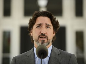 Prime Minister Justin Trudeau holds a press conference at Rideau Cottage amid the COVID-19 pandemic in Ottawa on Thursday, May 21, 2020.