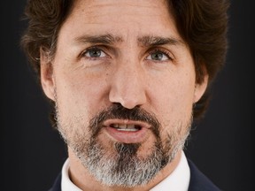 Prime Minister Justin Trudeau speaks at Rideau Cottage in Ottawa.