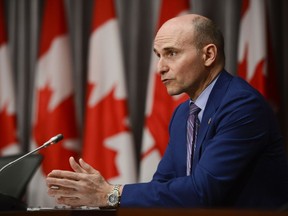 President of the Treasury Board Jean-Yves Duclos takes part in a press conference on Parliament Hill during the COVID-19 pandemic in Ottawa on Monday, May 4, 2020.