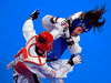 Skylar Park (in blue) competes in the Taekwondo Women’s Under 57kg Final during the Pan-American Games Lima 2019, at which she won the silver medal.