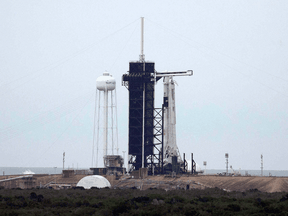 The SpaceX Falcon 9 rocket with the manned Crew Dragon spacecraft sits on launch pad 39A at the Kennedy Space Center on May 27, 2020 in Cape Canaveral, Florida.
