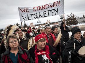 Hereditary Chief Ronnie West, centre, from the Lake Babine First Nation, in a march to show support for the Wet'suwet'en Nation, in Smithers, B.C., on Jan. 16, 2019.