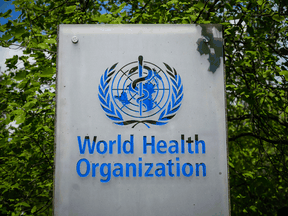 A sign at the World Health Organization headquarters in Geneva.
