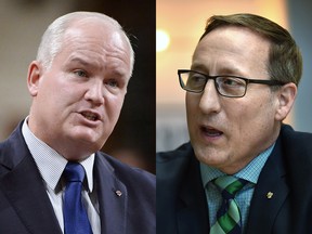 Conservative leadership candidate Erin O’Toole (left) is alleging that someone passed sensitive login information to rival Peter MacKay's campaign.