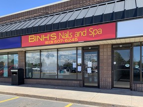 Binh's Nails and Spa at 500 Gardiners Rd. in Kingston, Ont., on Thursday, June 25, 2020. The spa was closed after Kingston, Frontenac and Lennox and Addington Public Health announced there was a COVID-19 outbreak at the establishment.