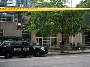 A barrier stands outside of the Seattle Police Department's West Precinct on June 10, 2020 in Seattle, Washington.