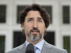 Prime Minister Justin Trudeau speaks during a news conference outside Rideau cottage in Ottawa, Thursday June 4, 2020.