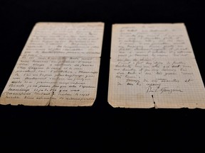 This picture shows a letter co-written by Dutch painter Vincent Van Gogh and French painter Paul Gauguin on the eve of its auction sale at Drouot auction house in Paris on June 15, 2020.