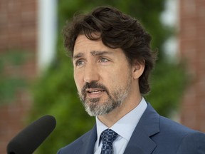 Prime Minister Justin Trudeau delivers his opening remarks during a news conference outside Rideau Cottage in Ottawa, Monday June 22, 2020.
