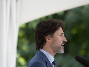 Prime Minister Justin Trudeau responds to a reporters question during a news conference outside Rideau Cottage in Ottawa, Monday June 22, 2020. The federal government is to launch a program today aimed at encouraging students to volunteer in the fight against COVID-19 -- more than two months after first announcing it and just in time for those who haven't been able to find a summer job.