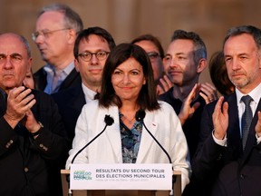 Paris mayor Anne Hidalgo reacts to the results of the second round of the mayoral elections, which were delayed due to the coronavirus disease (COVID-19) outbreak, in Paris, France, June 28, 2020.