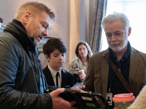 Eoin Colfer (right) with director Kenneth Branagh and lead actor Ferdia Shaw on the set of Artemis Fowl.