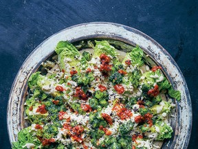 Baby gem lettuce with charred eggplant yogurt, smacked cucumber and shatta from Falastin