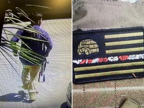 At left, U.S. Air Force Sergeant Steven Carrillo, 32, is seen in a still image from surveillance video outside a business near where he was arrested in Ben Lomond, California, on June 6, 2020. Right, a patch on a ballistic vest seized during his arrest described by federal investigators as including an igloo and a Hawaiian-style print that is associated with the 'Boogaloo' movement.