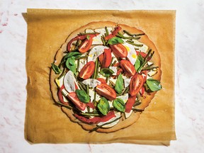Buckwheat pizza with green beans and tomatoes
