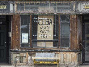A Toronto storefront with the message "CEBA won't save us", referring to the Canada Emergency Business Account.