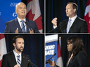 Conservative Party of Canada leadership candidates (clockwise from top left) Erin O’Toole, Peter MacKay, Leslyn Lewis and Derek Sloan during the English-language leadership debate in Toronto on June 18, 2020.