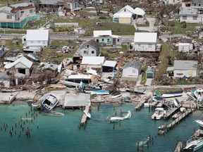 An aerial view of damage caused by Hurricane Dorian is seen on Great Abaco Island on September 4, 2019 in Great Abaco, Bahamas.