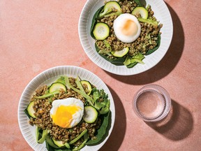 Farro salad with poached eggs