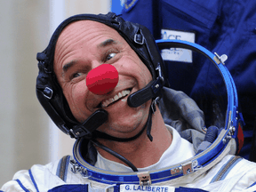 Canadian space tourist and founder of Cirque du Soleil Guy Laliberté during a space suit test prior to his blast off on September 30, 2009 in a Russian Soyuz TMA-16 rocket to the International Space Station.