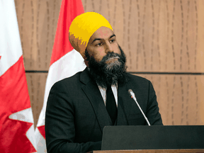 NDP Leader Jagmeet Singh holds a news conference after he was ordered removed from the House of Commons for calling a Bloc Québécois MP racist, on June 17, 2020.