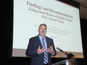 Criminologist Scot Wortley presents his findings on the issue of police street checks in Halifax on March 27, 2019. The RCMP are further delaying their decision on whether to offer an apology to Halifax's Black community for their use of street checks, as some Black Nova Scotian leaders say the force's silence is damaging trust. Rev. Lennett Anderson, the past moderator of the African United Baptist Association, disagrees with the Mounties' view they must await the completion of a national review of the practice. Street checks, which are now banned in Nova Scotia, are widely defined as police randomly stop citizens, recording information and storing it electronically.