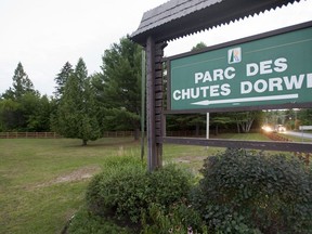 The entrance to Dorwin park in Rawdon, Que., is shown on Friday, August 24, 2012. Bruno Guilbault says he can't remember seeing anything like it. The mayor of Rawdon, Que., about 60 kilometres north of Montreal, said municipal parks on the Ouareau River were "overflowing" with out-of-towners last weekend, as the temperature hit 34 C.