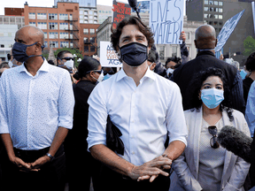 Prime Minister Justin Trudeau takes part in a rally against the death in Minneapolis police custody of George Floyd, on Parliament Hill in Ottawa, on June 5, 2020.