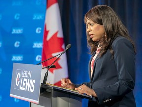 Leslyn Lewis, seen at a Conservative party leadership debate in Toronto on June 17, 2020, placed third in the leadership race, collecting 30 per cent of the available points in the second round of voting despite being a political unknown before her campaign. She plans to run for election in a riding in southwestern Ontario in the next federal election.