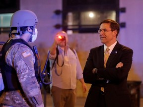 U.S. Defense Secretary Mark Esper visits DC National Guard military officers guarding the White House amid nationwide unrest following the death in Minneapolis police custody of George Floyd, in Washington, U.S., June 1, 2020.