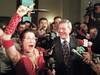 Mary Walsh, in character as warrior princess Marg Delahuntey, gets a laugh out of Ontario Premier Mike Harris in 1997.