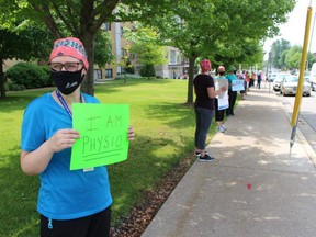 Leslie Geddes joins OPSEU members and supporters in a noon hour demonstration outside Bluewater Health in Sarnia on June 10, calling on the provincial government to extended its pandemic pay premium to OPSEU members in front line health care jobs.