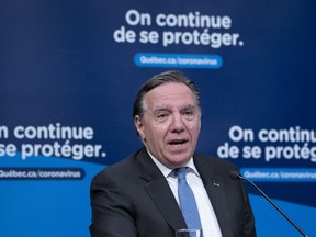 Quebec Premier Francois Legault responds to a question during a news conference in Montreal, on Monday, June 1, 2020.