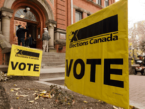 Voters outside a polling station during the federal election on Oct. 21, 2019.