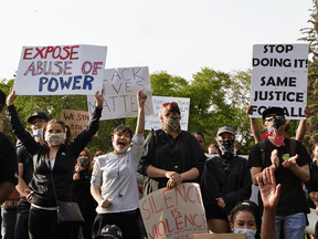 Protesters rally at the Alberta Legislature in Edmonton, on June 5, 2020.