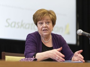 Saskatchewan Finance Minister Donna Harpauer speaks during budget day at the Legislative Building in Regina on Wednesday March 18, 2020. Harpauer will present the province's budget today. The government and Opposition NDP have agreed to meet for a 14-day sitting starting June 15, but only some members will be returning to the legislature.