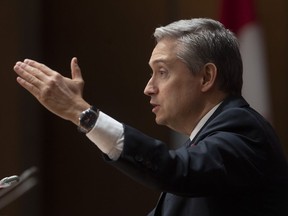 Foreign Affairs Minister Francois-Philippe Champagne gestures as he responds to a question at a news conference in Ottawa, Thursday, April 2, 2020. Champagne is bound for New York City where he will join the final push for Canada's campaign for a seat on the United Nations Security Council.THE CANADIAN PRESS/Adrian Wyld
