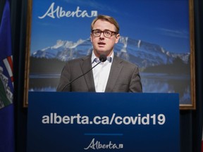Alberta Minister of Health Tyler Shandro addresses a news conference in Calgary, Alta., Friday, May 29, 2020. Alberta is gearing up for the long haul on COVID-19, introducing legislation to extend existing emergency health and labour rules tied to the pandemic.