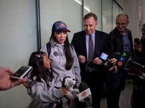 Vanessa Mae Rodel (42), and her daughter Keana Nihinsa (7), arrive at Toronto Pearson International Airport on March 25, 2019, and meet the press with lawyer Robert Tibbo.