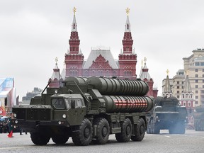 This file photo taken on May 9, 2017 shows Russian S-400 Triumph medium-range and long-range surface-to-air missile systems riding through Red Square during the Victory Day military parade in Moscow.