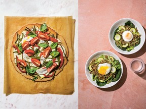 Buckwheat Pizza with Green Beans and Tomatoes, left, and Farro Salad with Poached Eggs