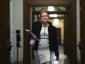 Deputy Prime Minister and Minister of Intergovernmental Affairs Chrystia Freeland arrives for a news conference on Parliament Hill amid the COVID-19 pandemic in Ottawa on Wednesday, June 10, 2020.