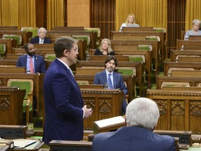 Conservative leader Andrew Scheer delivers a statement in the House of Commons on Parliament Hill during the COVID-19 pandemic committee in Ottawa on Tuesday, June 2, 2020.