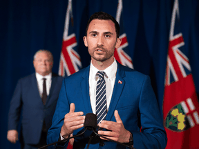 Ontario Minister of Education Stephen Lecce speaks during a daily update on the COVID-19 pandemic, at Queen's Park in Toronto on June 9, 2020.