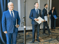 Conservative Party of Canada leadership candidates (left to right) Erin O’Toole, Peter MacKay, Derek Sloan and Leslyn Lewis wait for the start of the French-language leadership debate in Toronto on June 17, 2020.