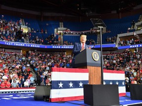 The upper section is seen partially empty as US President Donald Trump speaks during a campaign rally at the BOK Center on June 20, 2020 in Tulsa, Oklahoma.