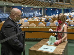 Norway's ambassador to the United Nations, Mona Juul, casts a vote during UN elections on June 17, 2020, at UN headquarters in New York. Norway and Ireland won seats on the UN Security Council, beating out Canada.