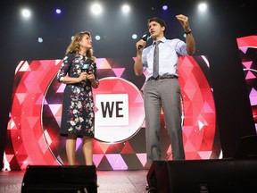Sophie Gregoire and Canadian Prime Minister Justin Trudeau speak on stage at the WE Day UN at The Theater at Madison Square Garden on September 20, 2017 in New York City.