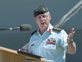 Chief of the Defence Staff Gen. Jonathan Vance addresses the audience at the Royal Canadian Navy Change of Command ceremony in Halifax on Wednesday, June 12, 2019.